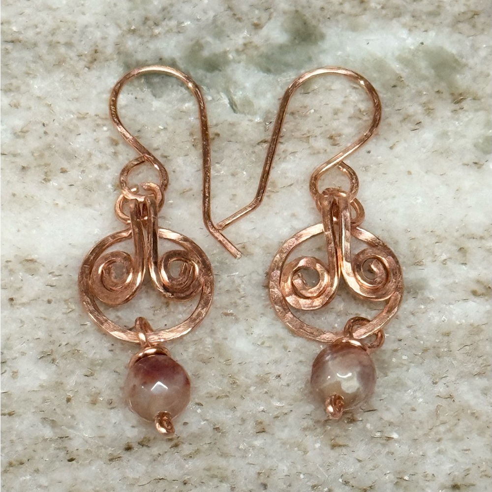 Celtic-Domed Spiral Polished Copper Earrings with Fire Agate Stone Drops